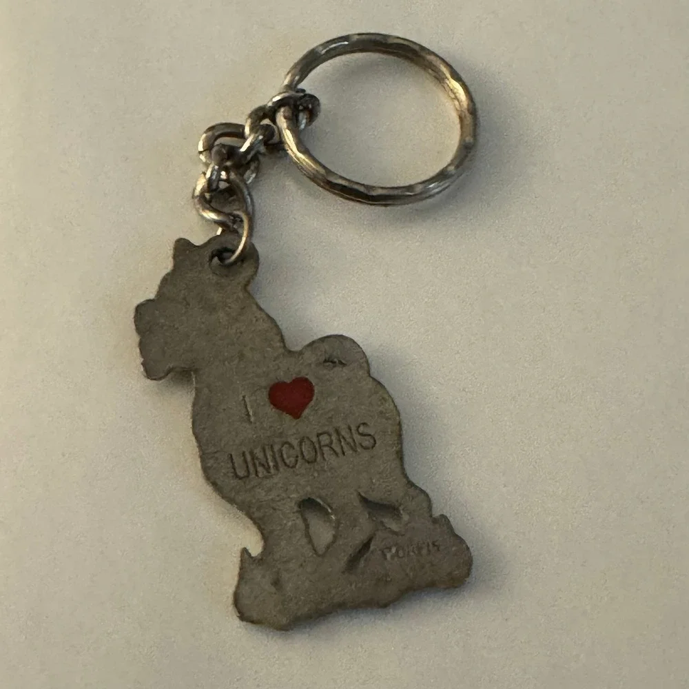 Vintage I Love Unicorns Pewter Keychain Cliffe Pewter Made in 1986, Novelty Gift